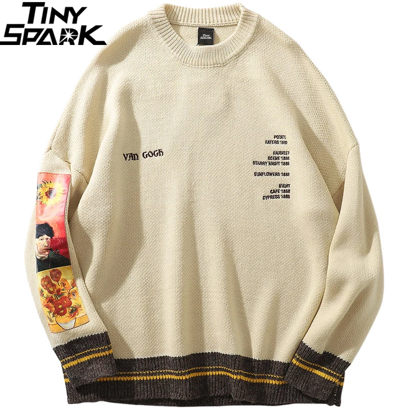 

2022 Men Hip Hop Sweater Pullover Streetwear Van Gogh Painting Embroidery Knitted Sweater Retro Vintage Autumn Sweaters Cotton