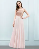 Formal Evening Spaghetti Straps Chiffon A-line Sleeveless Upper Body Sequins Long Pleats Backless Prom Dresses