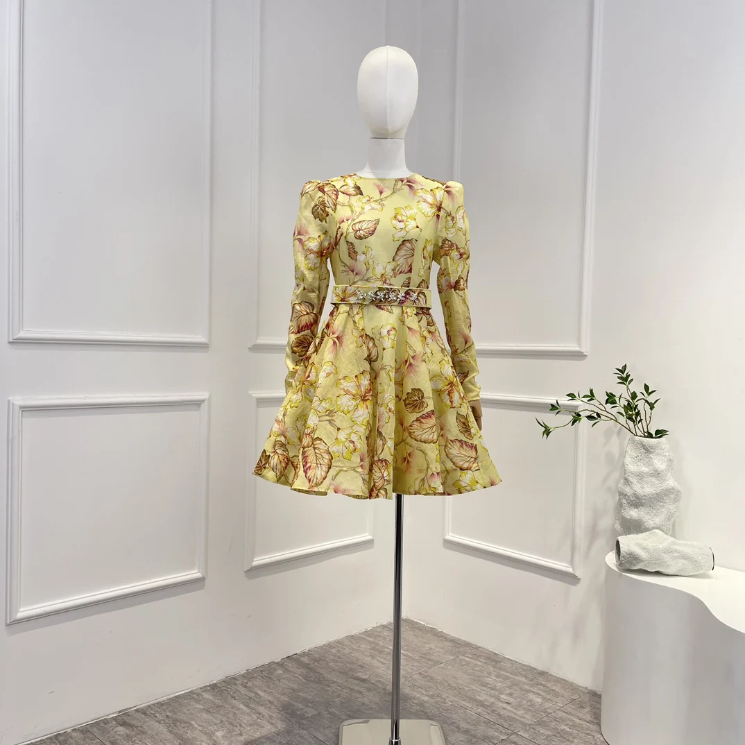 

Женское винтажное мини-платье трапециевидной формы, желтое платье из 2023 шелка и льна с цветочным принтом, длинным рукавом-фонариком и поясом, лето