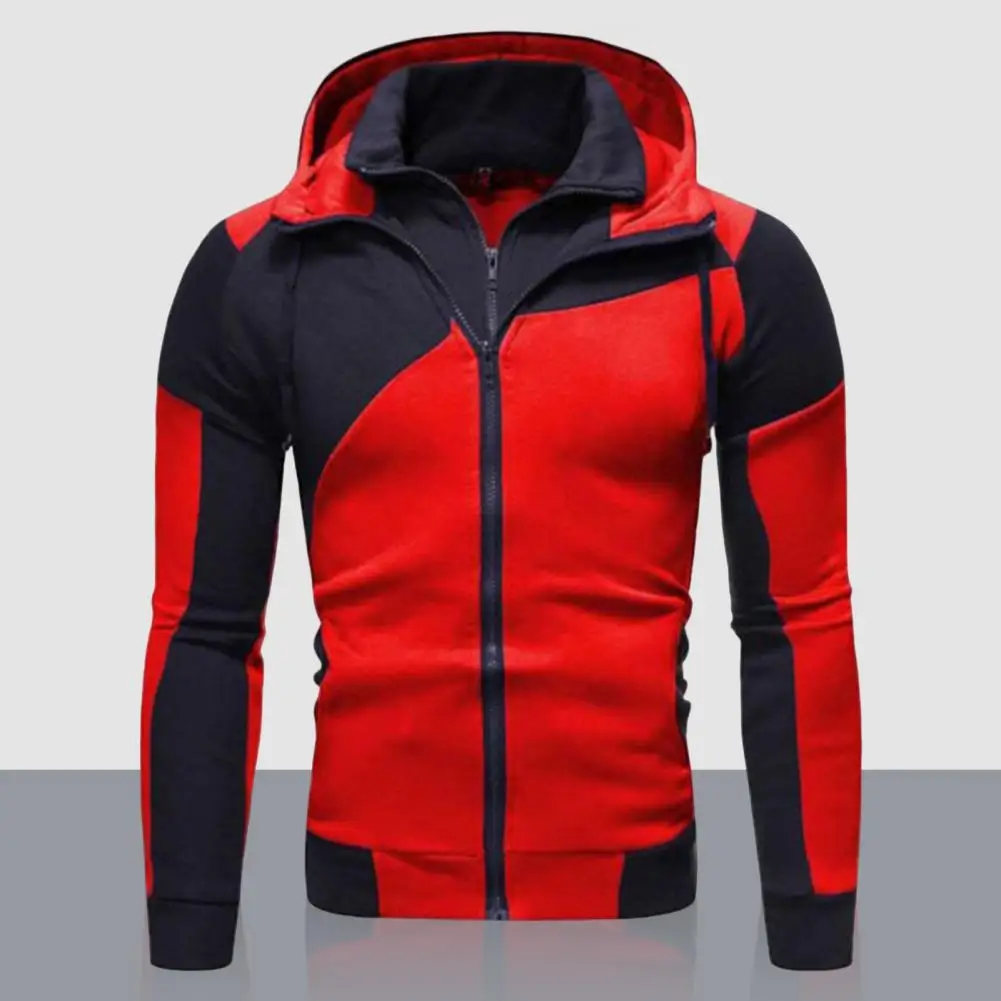 

Hooded Sweatshirt Stand Collar Shrinkable Hem Windproof Hooded Color Block Men Sweatshirt Outerwear Jacket Coat for Dating