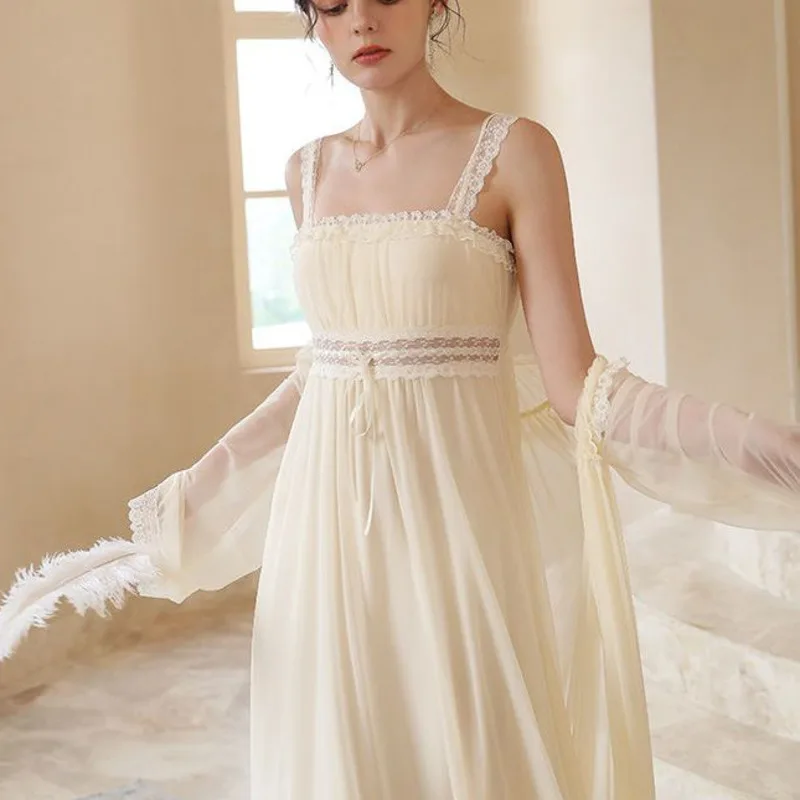 2pcs Nightgown Women Mesh Lace Lovely Sweet Nightdress Princess Nightgown Sleepwear Elegant Comfy Leisure Spring Sexy Sleepwear