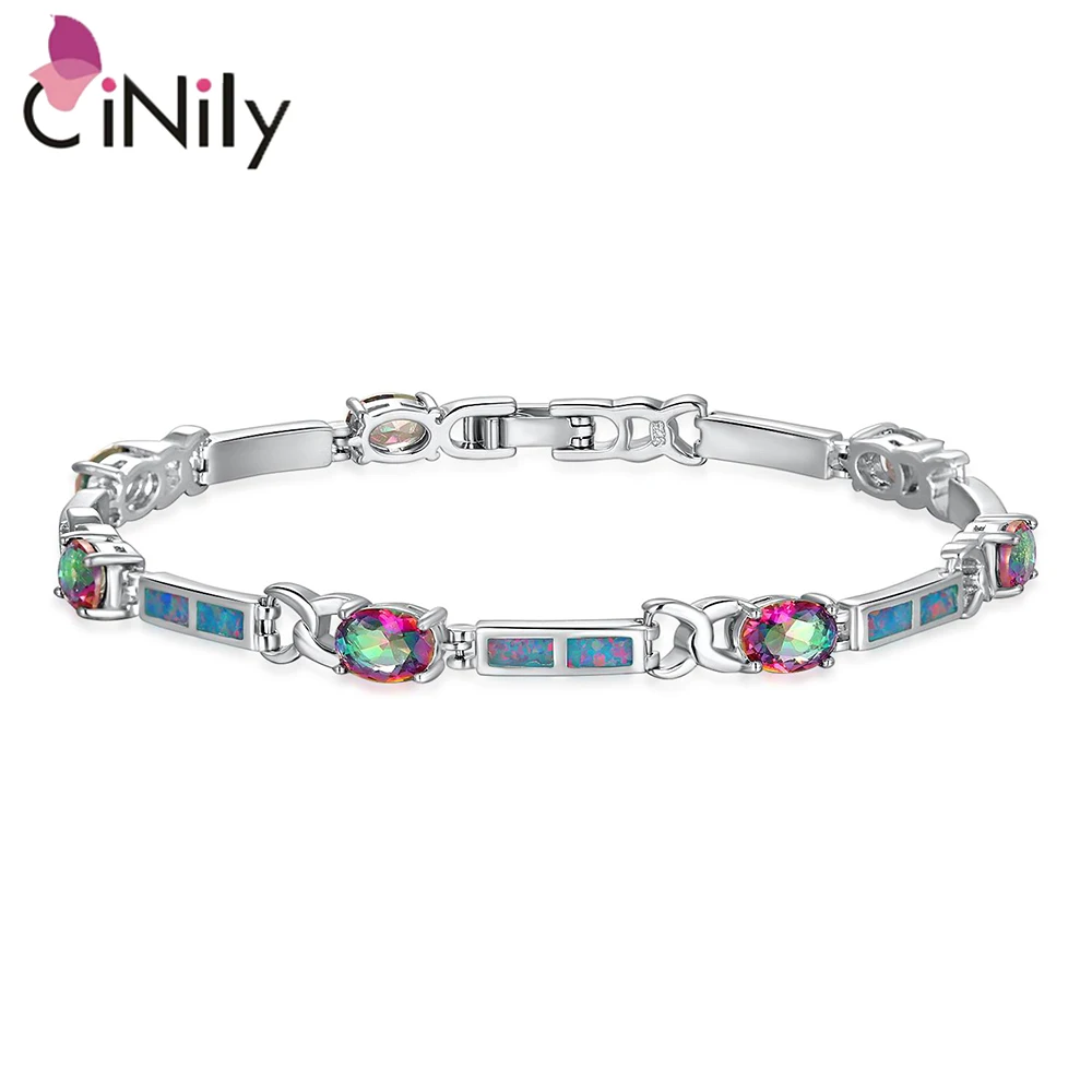 

CiNily Created Rainbow Fire Opal Bracelet Mystic Stone Silver Plated Wholesale for Women Jewelrys Chain Bracelets 7 7/8" OS439