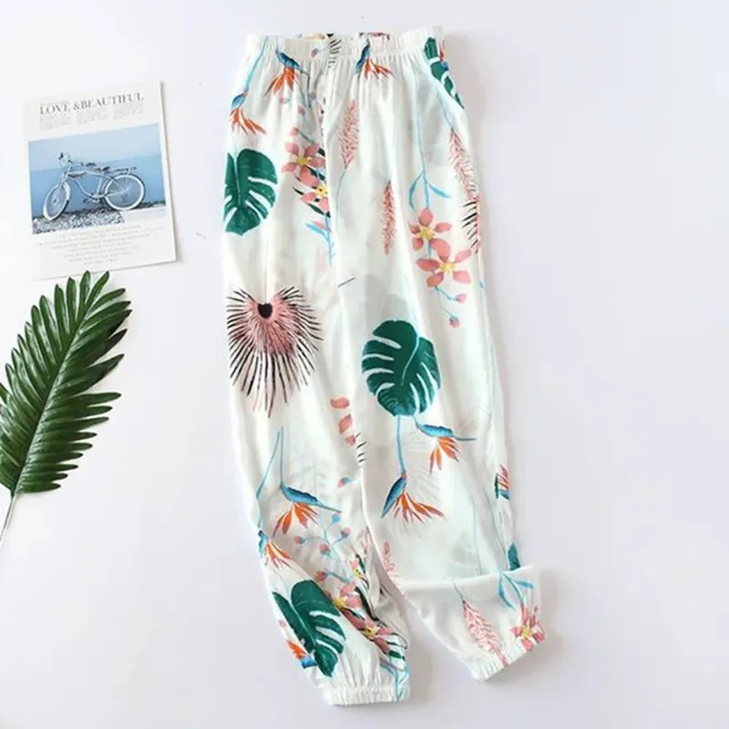 Summer SleepPants Casual Sleepwear For Women Pyjama Women's Cartoon Print 100% Cotton 2022 Fashion Sweet Flower Long Pant