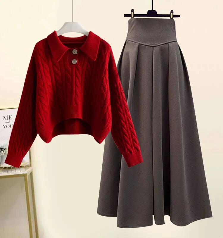 Plus Size Plus size women clothing Autumn and Winter New Sle Fat Sister High-Grade Twist Lapel Knit All-Matching Skirt Two-pi...