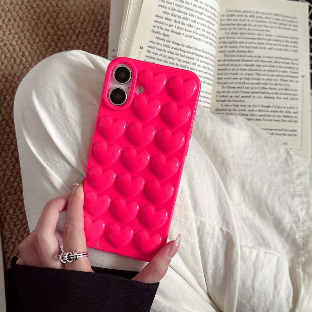 Яркий розово-розовый чехол для телефона с 3D любовью iPhone 11 12 13 14 15 16 Pro Max Mini XR X XS Plus