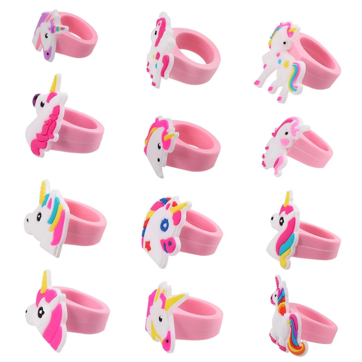 

12PCS PVC Children Rings Adorable Unicorn Shape Rings Decorative Jewelry Birthday Party Favors Gifts for Kids