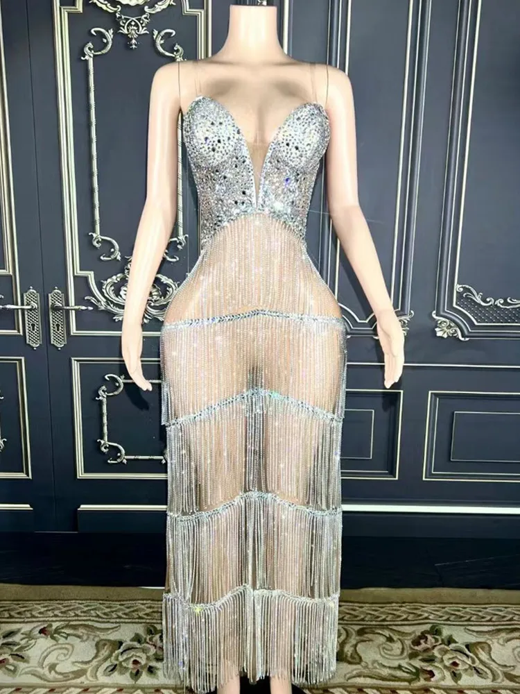 

Sexy V Neck Evening Birthday Celebrate Gown Outfit Luxurious Silver Rhinestones Fringes Mesh Transparent Long Dress Stage Wear