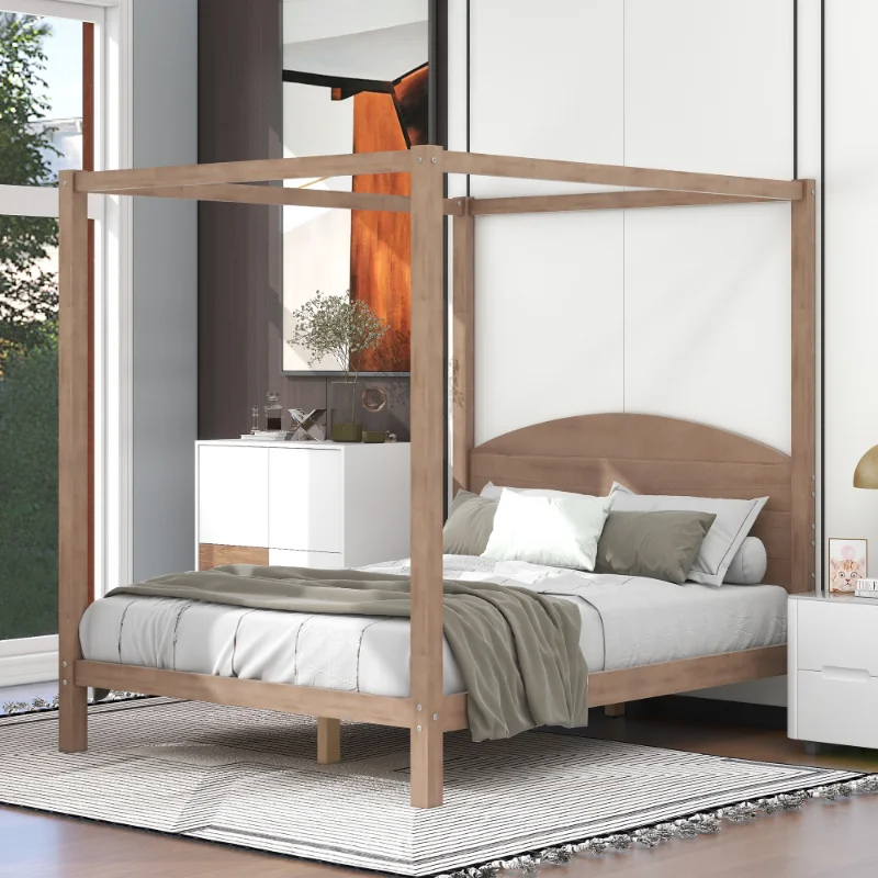 

Queen Size Canopy Deck Bed with Headboard and Support Legs Sturdy Frame Secure Secure Bedroom Furniture Easily Assembled
