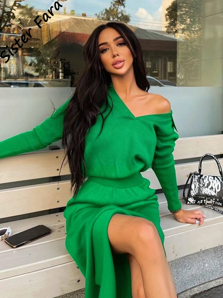 

Sister Fara Elegant Knit Dresses for Women's Spring High Waist Slim Split Dress Autumn New Female Casual V-Neck Straight Dresses
