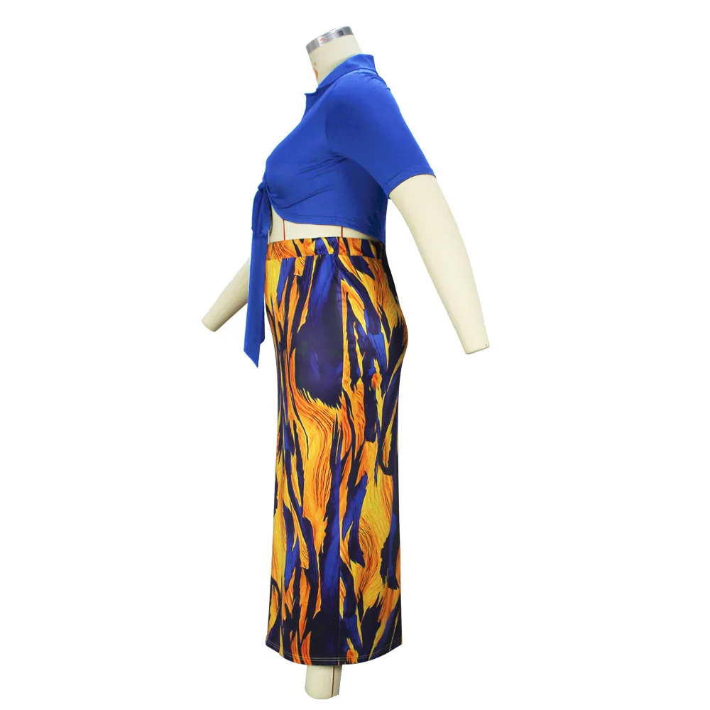 Plus Size Women Sets Bandage Blouse Shirts And Print Dresses 2022 Summer Two Piece Set Fashion Female Bodycon Wholesale Clothes