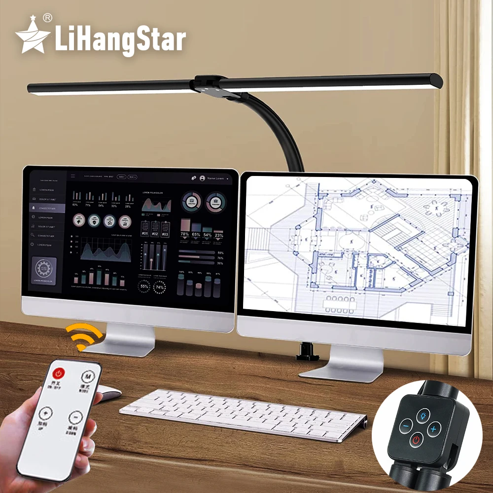 LED Double Head Reading Desk Lamp 24W Foldable Swing Arm Desk Lamp with Clip Dimmable for Workstation PC Eye Protection Office