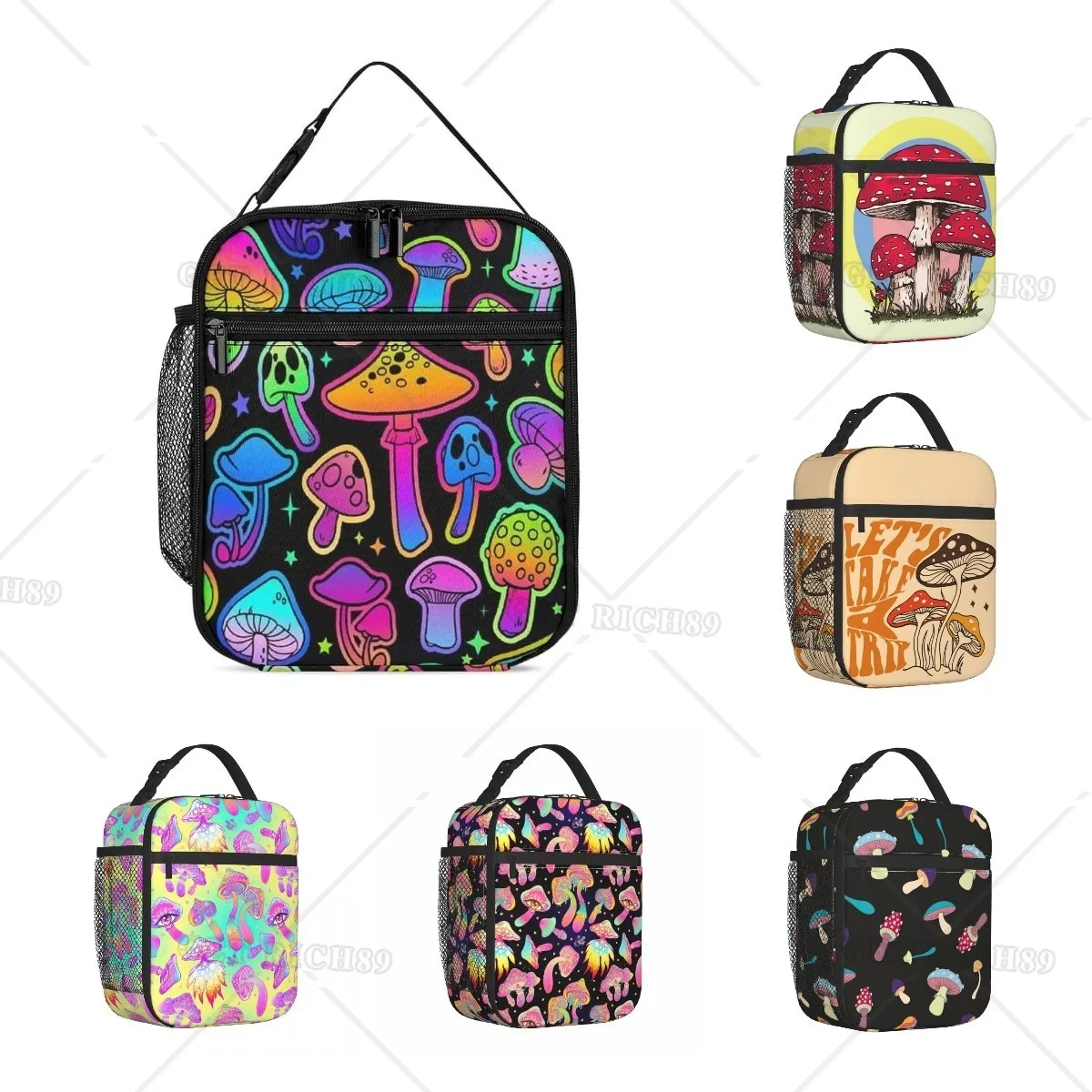 

Mushrooms Magic Colorful Trippy Art Lunch Bag for Men Women Adults Picnic Travel - Leakproof Organizer Portable Totebox