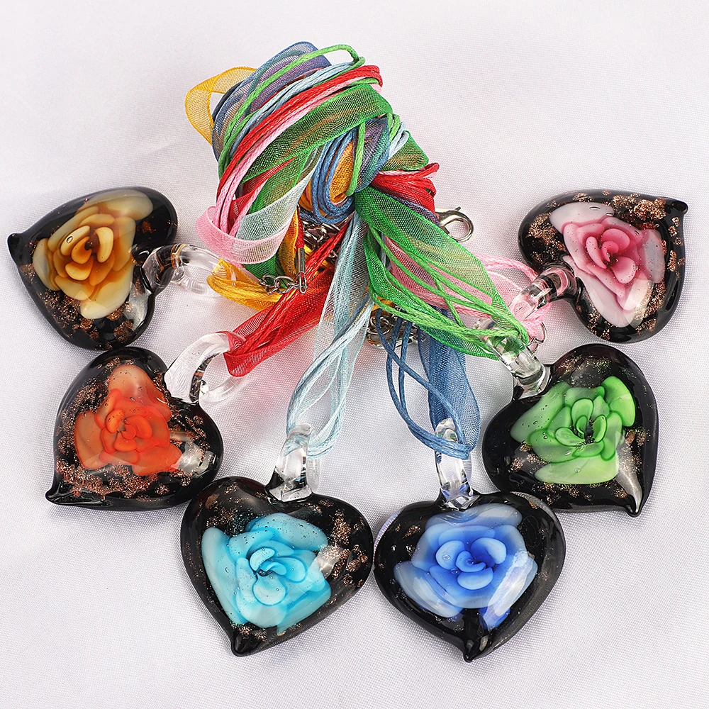 

Fashion Wholesale lots 6pcs Handmade Murano Lampwork Glass Mixed Color Rose Flower Inside Heart Pendants Silk Cords Necklace