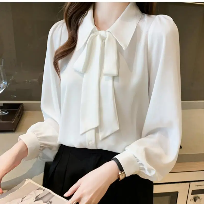 

Woman Ladies OL Office Casual Shirts 2022 New Fashion Women Elegant Chiffon Blouses Femme Long Sleeve White Tops