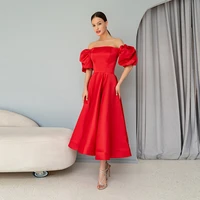 red mono evening dresses for woman short sleeve tea length elegant satin engagement party gown a line plus size %d1%81%d0%b2%d0%b0%d0%b4%d0%b5%d0%b1%d0%bd%d0%be%d0%b5 %d0%bf%d0%bb%d0%b0%d1%82%d1%8c%d0%b5