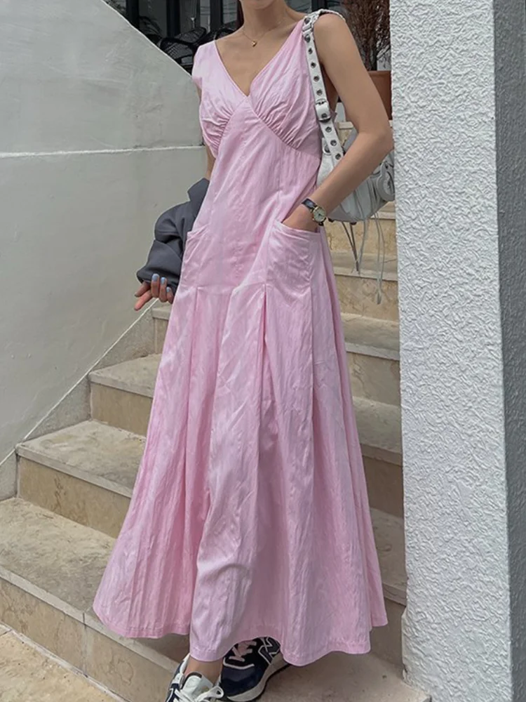 

Женское длинное платье-майка без рукавов, винтажное Повседневное платье-майка в Корейском стиле с V-образным вырезом, складками и карманами, на лето