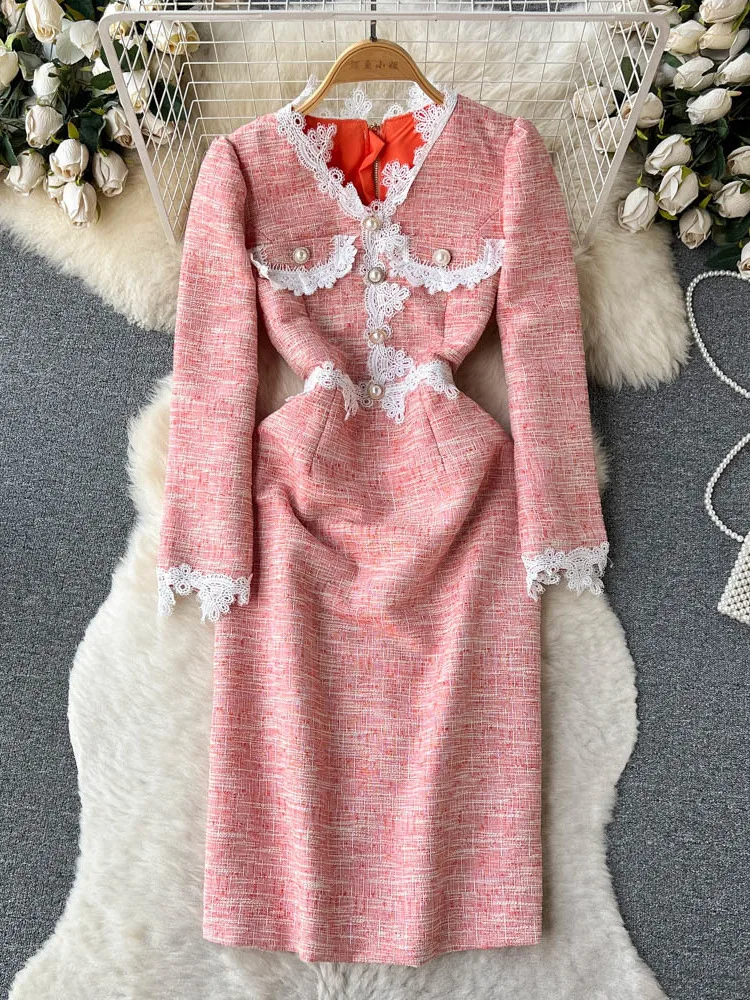 

Женское твидовое кружевное платье, модельное винтажное элегантное платье в стиле пэчворк, розовое шерстяное платье для офиса