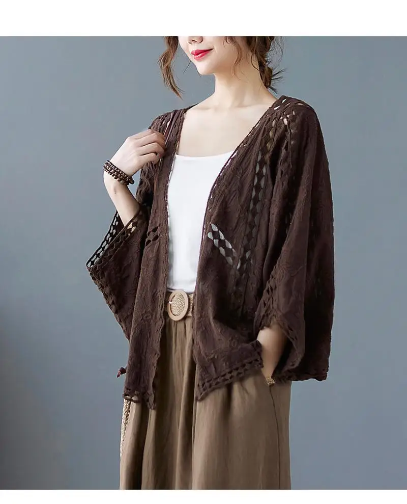 Женский винтажный вязаный кардиган с вырезами Солнцезащитная куртка женская