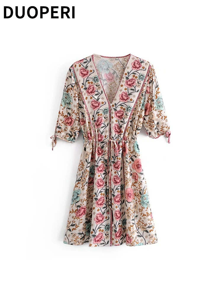 

DUOPERI Women Fashion Floral Printed Single Breasted Mini Dress V-Neck Half Sleeves Female Chic Lady Vintage Short Dresses