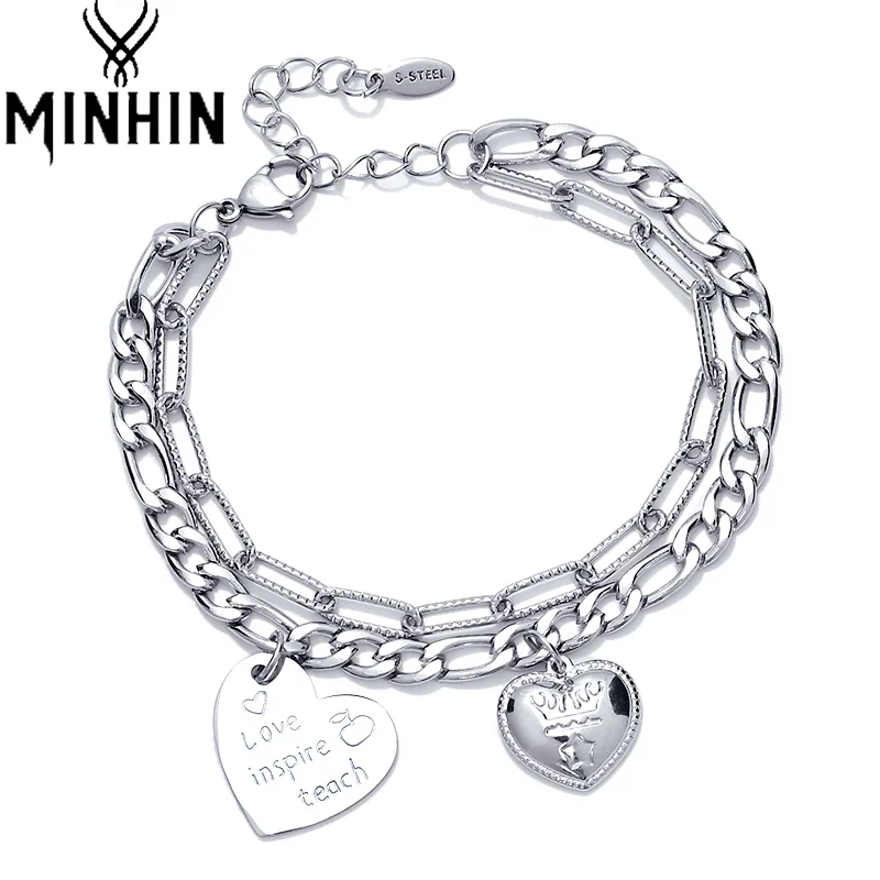 

MINHIN Love Heart Bracelets for Women Layered Dangle Hand Chain Stainless Steel Cuban Chain Letter Silver Color Bangle Jewelry