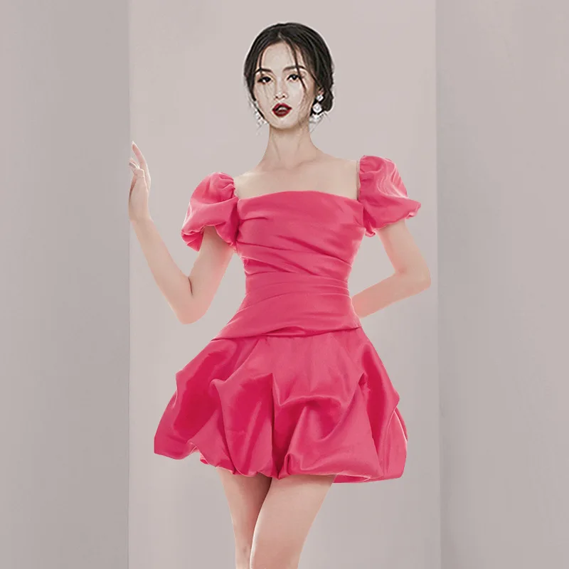 

2022 Summer Girl's Sweet Square Collar Waist Flower Skirt Solid Color Holiday Dress