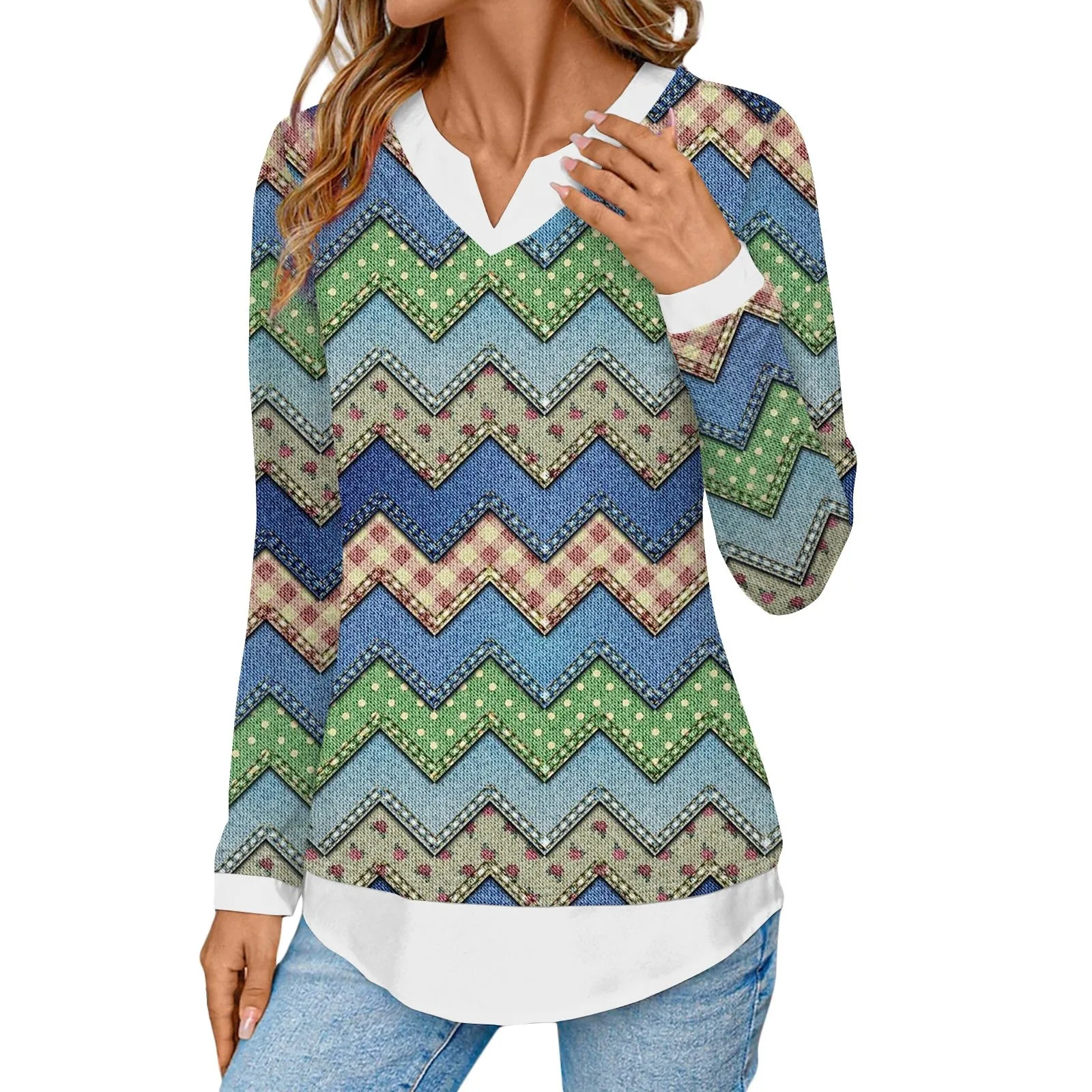 Женский топ с V-образным вырезом имитация двух предметов клетчатый Топ длинным