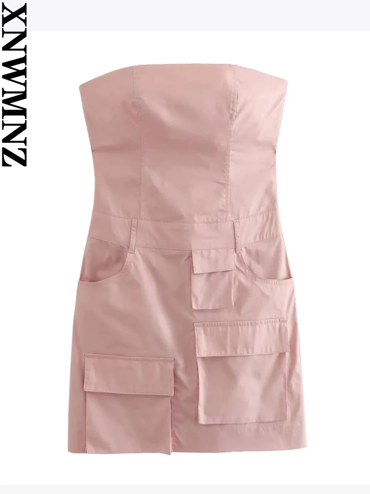 

XNWMNZ Women Fashion Gabardine Strapless Dress Party Style Straight Neck Off Shoulder Side Pockets Female Mini Dresses