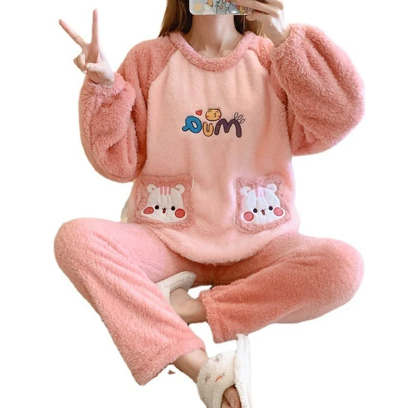 QWEEK Kawaii Cat Pijamas Winter Pajamas for Women Round Neck Flannel Pocket Pyjamas Two Piece Sets Sleepwear Pour Femme Roomware