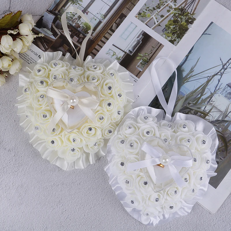 

Romantic Rose Wedding Ceremony Favors Heart Shaped Pearl Gift Ring Box Ring Bearer Pillow Cushion