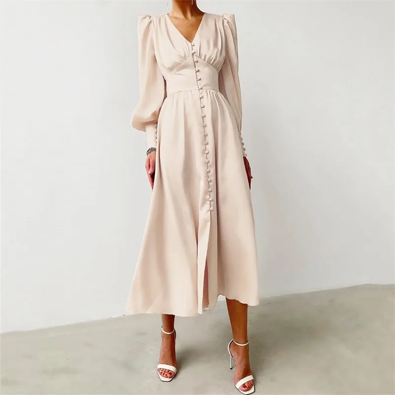 

Elegant Long Party Dress New Sexy Spring Summer Dress Solid Color Puff Sleeve Plaid Split Long Sleeve Dress Ladies Vestidos
