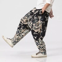 men chinese style casual loose cotton linen sweatpants jogger pants mens streetwear trousers new dragon printing harem pants