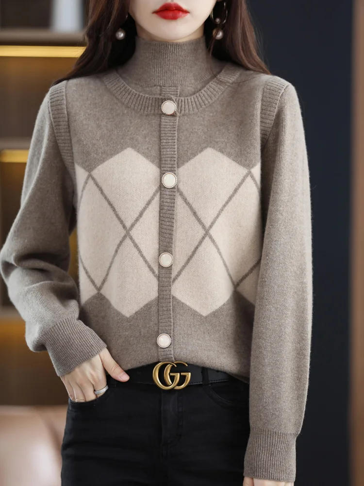 Cashmere Sweater Autumn and Winter Women's Turtleneck Pullover Top Pure Wool Korean Fashion Casual Knitted Color Blocking Jacket