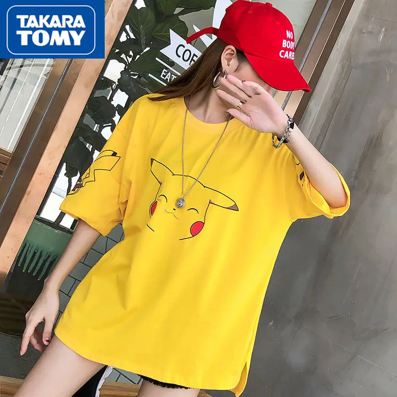 

TAKARA TOMY Summer Pikachu Cotton Over Sized Cartoon Couple Short-sleeved T-shirt Student Casual Daily Half-sleeve Top