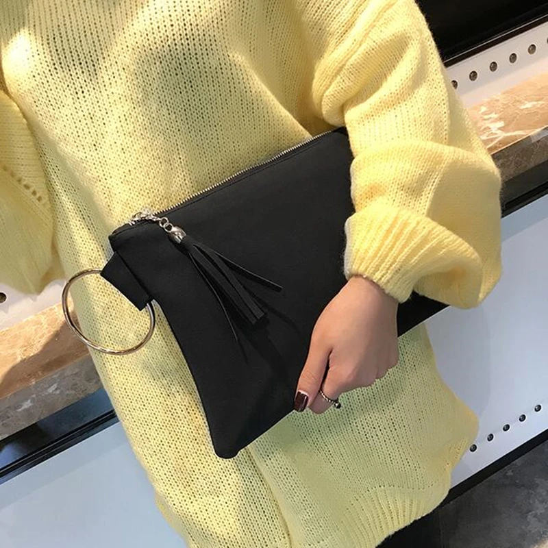 Korean Fashion Ladies Handbag Designer Metal Circle Handle Daily Clutch Bags for Women Soft Faux Suede PU Leather Black Purse