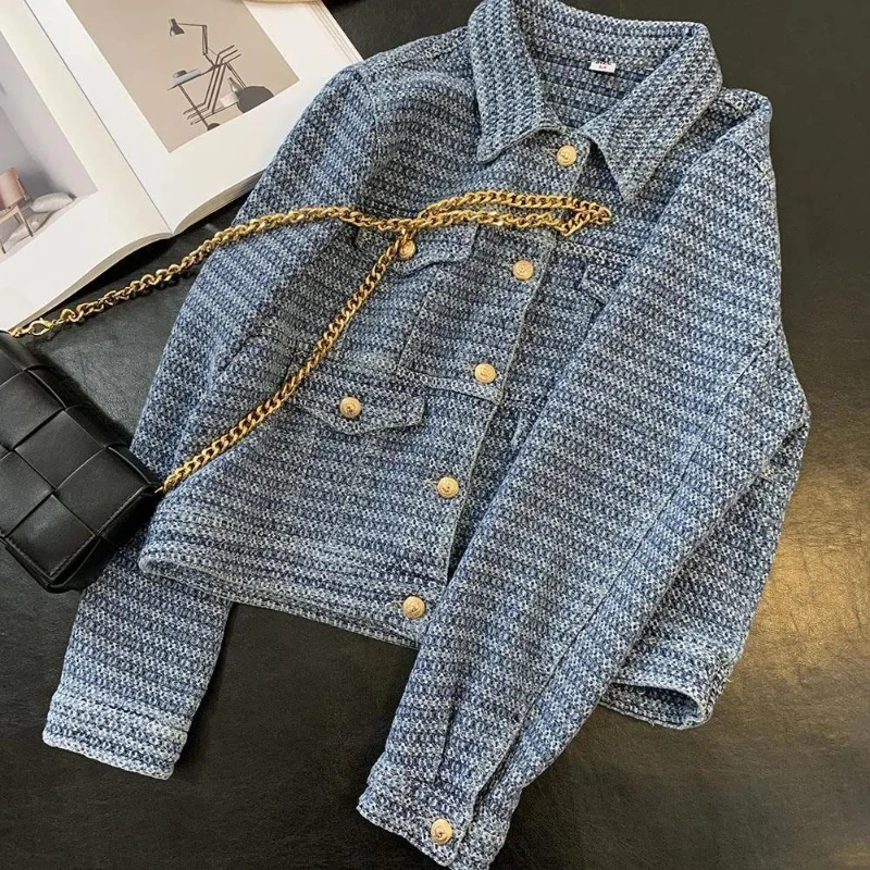 

Fashion Xiaoxiangfeng Heavy Industry Embroidery Loose Contrast Color Letter Denim Short Jacket Spring and Autumn 2022 New