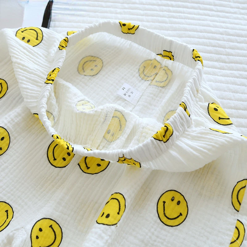 Summer Women's Nigtwear Cotton Gauze Short-sleeved Shorts Pajamas Suit Women's Crepe Happy Face Thin Lounge Home Pajamas Female