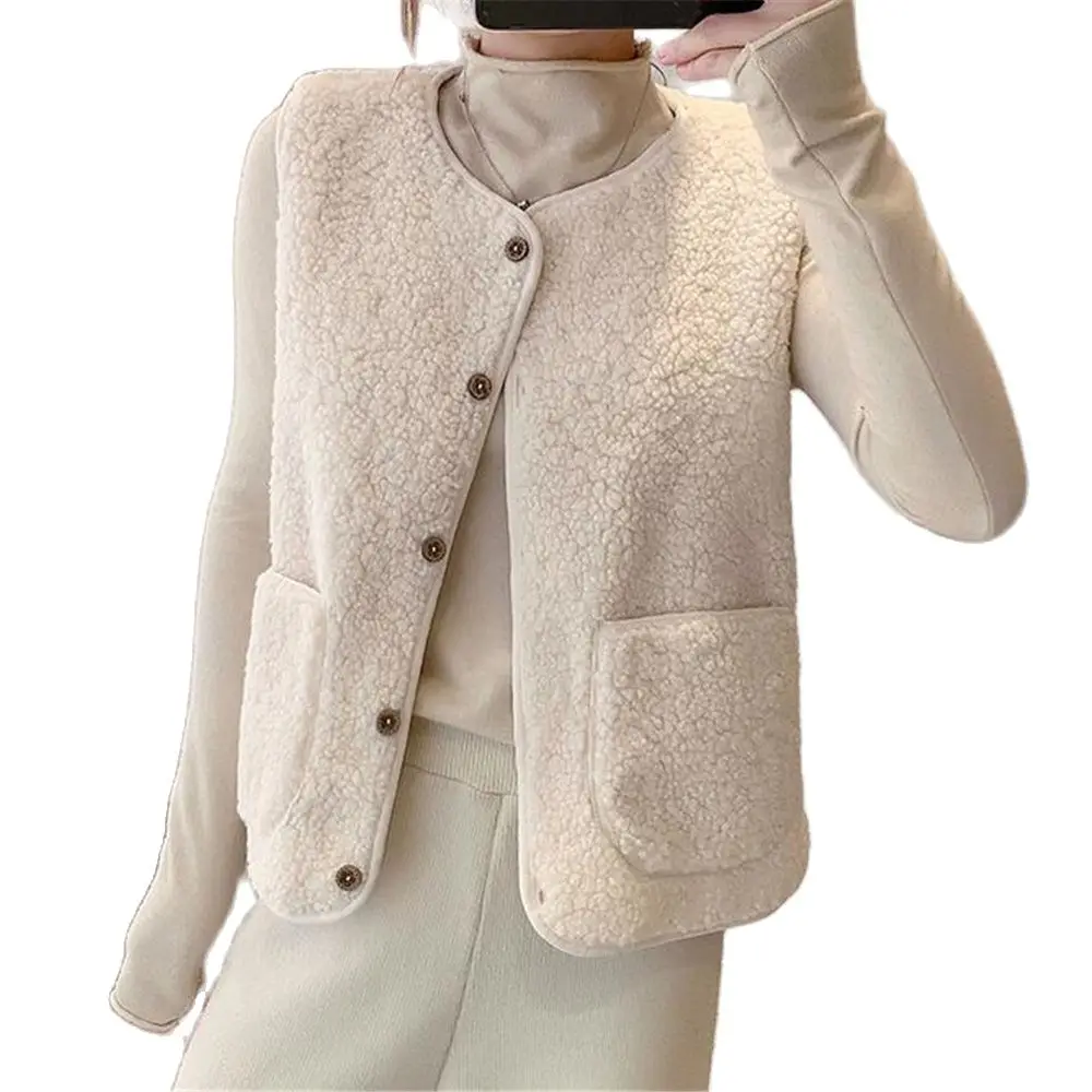 

Woman Spring Vests Female Autumn Waistcoat Imitation Fur Lambswool Chaleco Ladies Loose Warm Gilet Manteau Sleeveless Jackets
