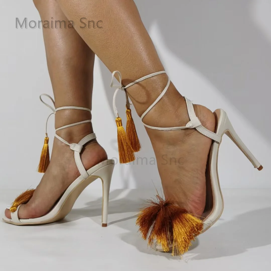 Tassel High Heels Strappy Sandals for Women Summer Stiletto Fashion Ankle Strap Open Toe Ladies Shoes White Wedding Shoe Bride