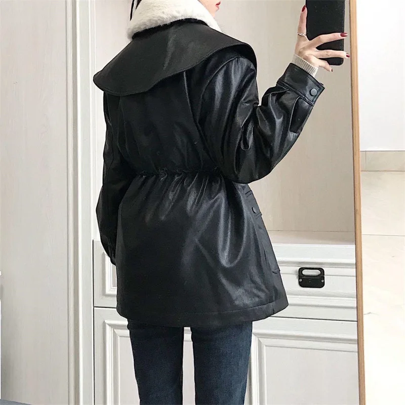 Leather Fur Coat Winter Jacket Women 2022 New Fall Lamb Wool Warm Locomotive Coat with Sashes Kor
