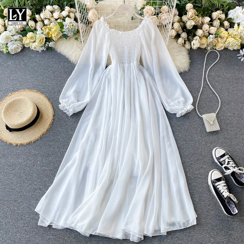 

LY VAREY LIN New Spring Autumn Women Elegant Holiday Dresses Puff Sleeve Slash Neck Off Shoulder Smocked White Chiffon Dresses
