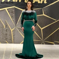 elegant green velvet mermaid formal evening dresses long sleeves caftan robe de soir%c3%a9e shiny tassel party guest prom gowns 2022