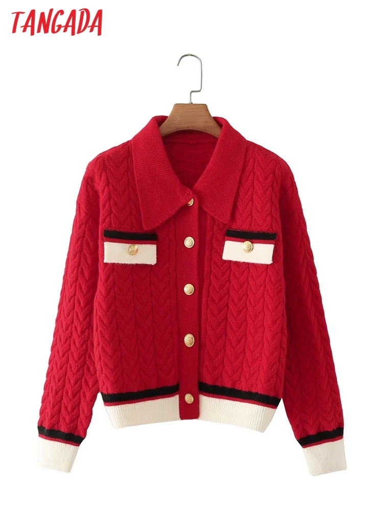

Женский вязаный кардиган на пуговицах Tangada, красный Укороченный джемпер на пуговицах, модель 4T67 на осень и зиму, 2022