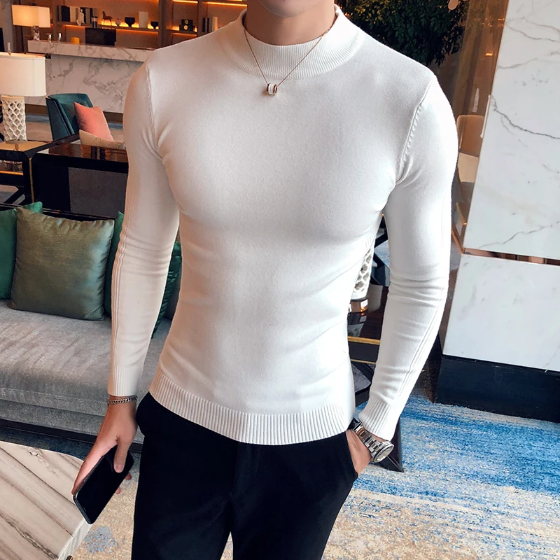 2022 Men's Fall Winter Fashion Long Sleeve Knit Sweater Simple Solid Color Slim Casual High Neck Streetwear