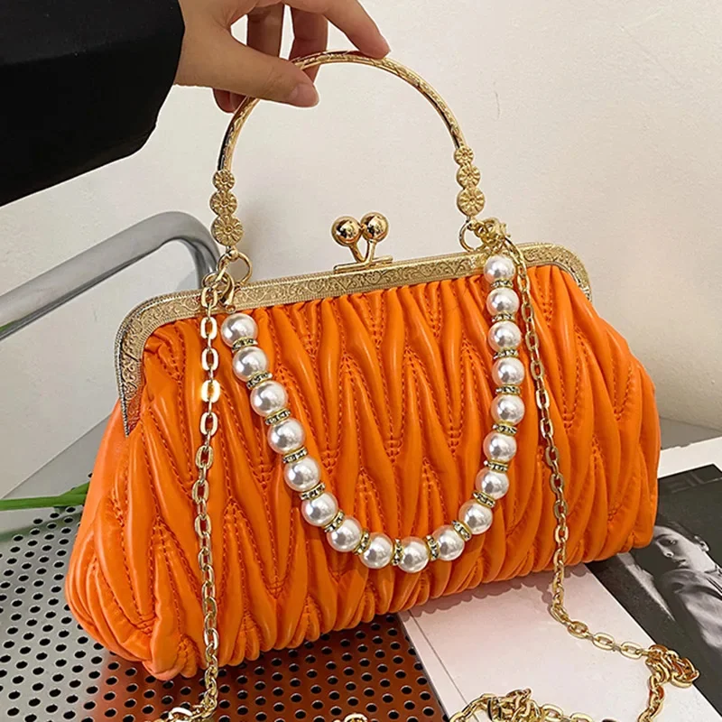 

Fashion Women Orange Green Shoulder Bags Prom Clutch Pearl Chain Crossbody Bags Female Chic Totes Pu Leather Handbags And Purse