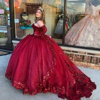 wine ded sequins applique quinceanera dresses long sleeve 2022 sparkly ball gown lace up corset top prom sweet 16 girls dress
