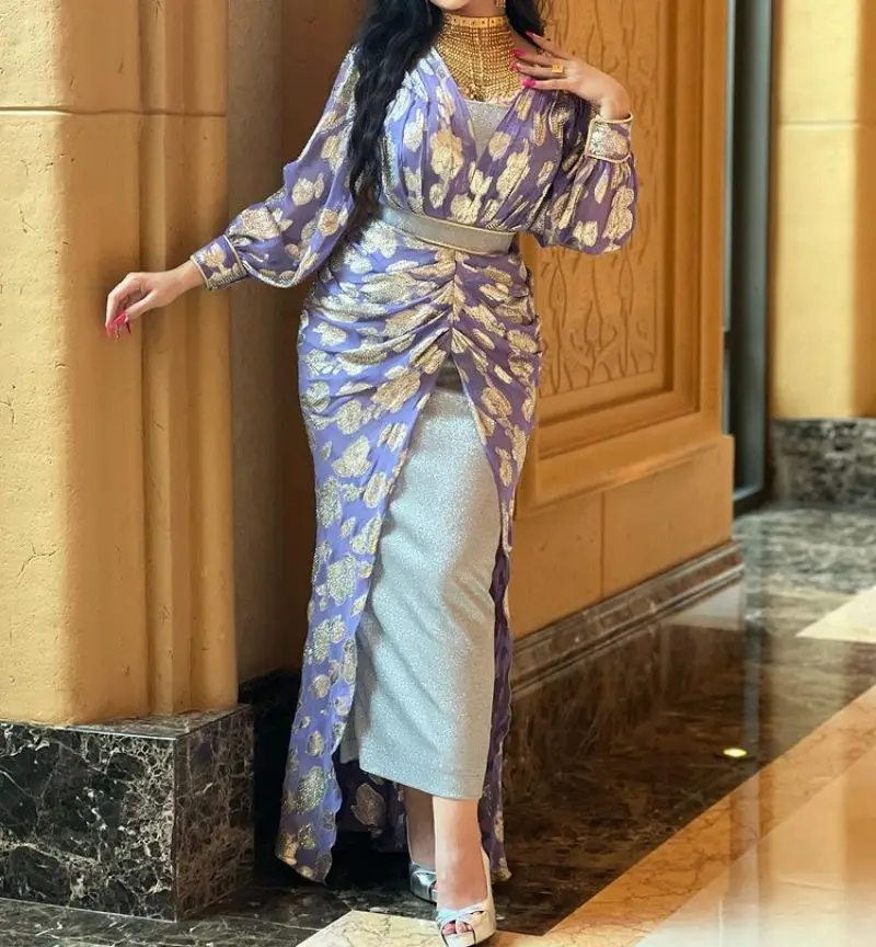PLEINDI Bohemian Evening Dresses V-Neck Long Sleeve Mermaid Ankle-Length Chiffon 2022 New of Floral Print Boho Women Dress
