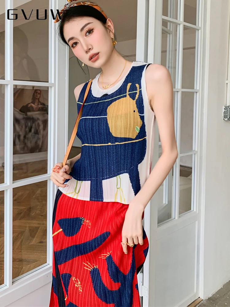 Женский плиссированный костюм GVUW эластичный с принтом топ круглым вырезом и