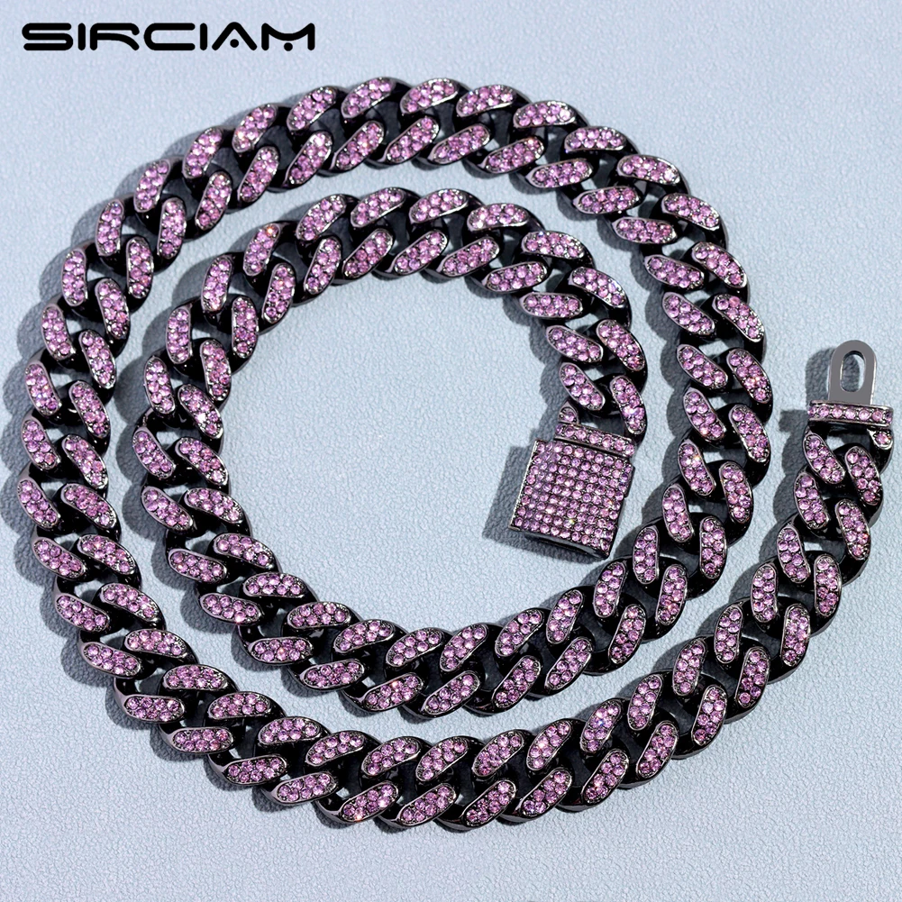 

Hip Hop 13MM Curb Cuban Chain Iced Out Pink Full Rhinestones Miami Cuban Link Rapper Necklaces For Women Iced Out Chains Jewelry