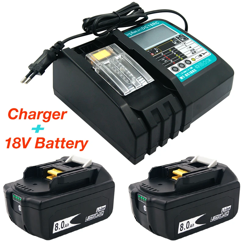 

2Pack BL1880 8.0Ah Li ion batteries for Makita 18v BL1860 BL1850 BL1840 LXT400 + 1 DC18RC Charger for Makita 14.4V-18V
