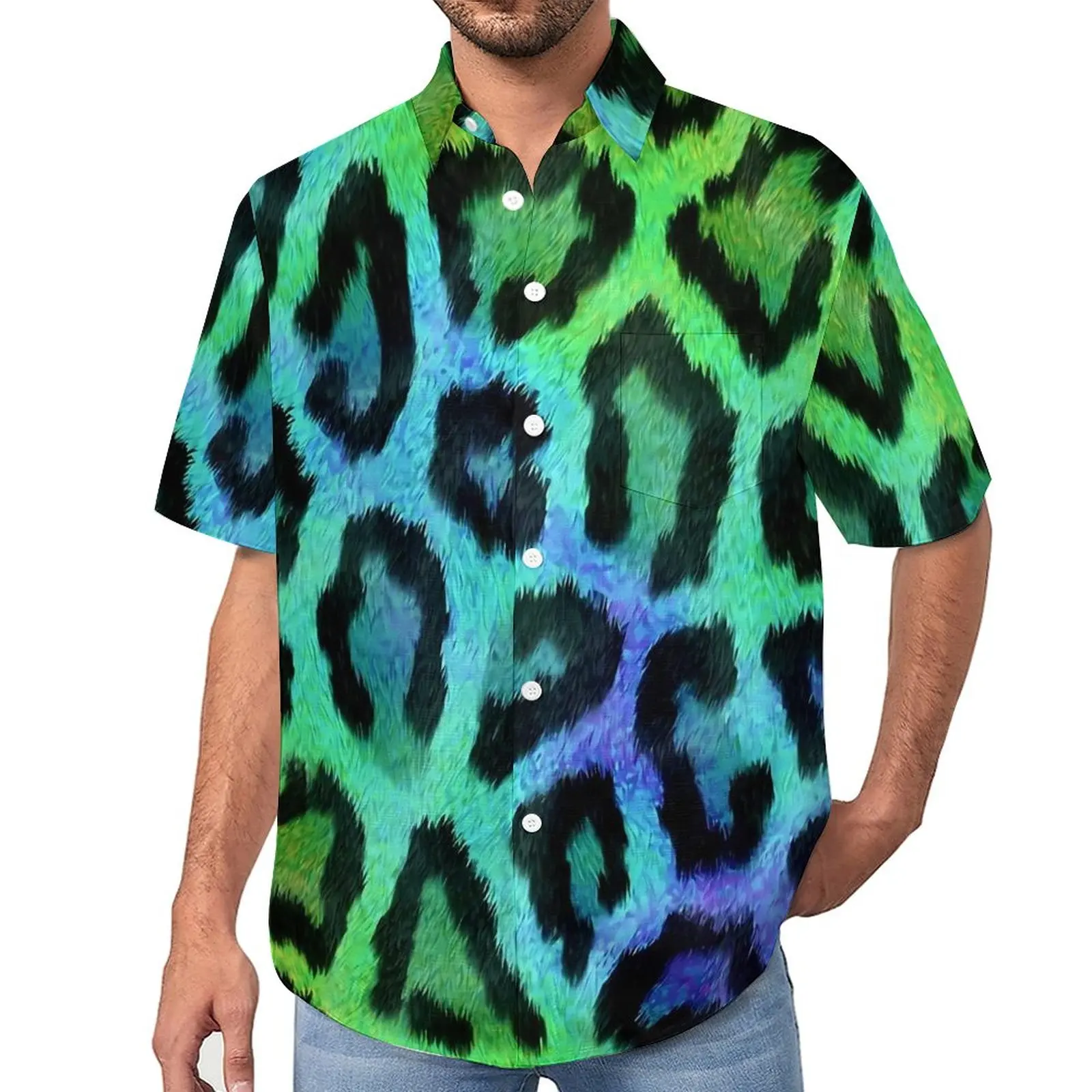 

Двухцветные блузки, мужские повседневные рубашки с леопардовым принтом, гавайская дизайнерская уличная одежда с коротким рукавом, Пляжная рубашка большого размера в подарок